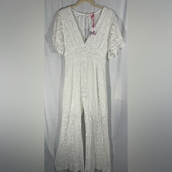 Yolly Italy White Lace Crochet Jumpsuit OS Wide Leg V-Neck - Picture 2 of 14
